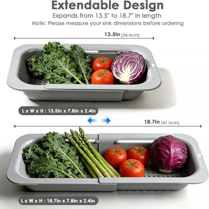 Over the Sink Colander Strainer Basket, Extendable Colander and Strainer for Kitchen, Wash Vegetables and Fruits, Drain Pasta and Dry Dishes, Adjustable Colander from 13.5In to 18.7In, White