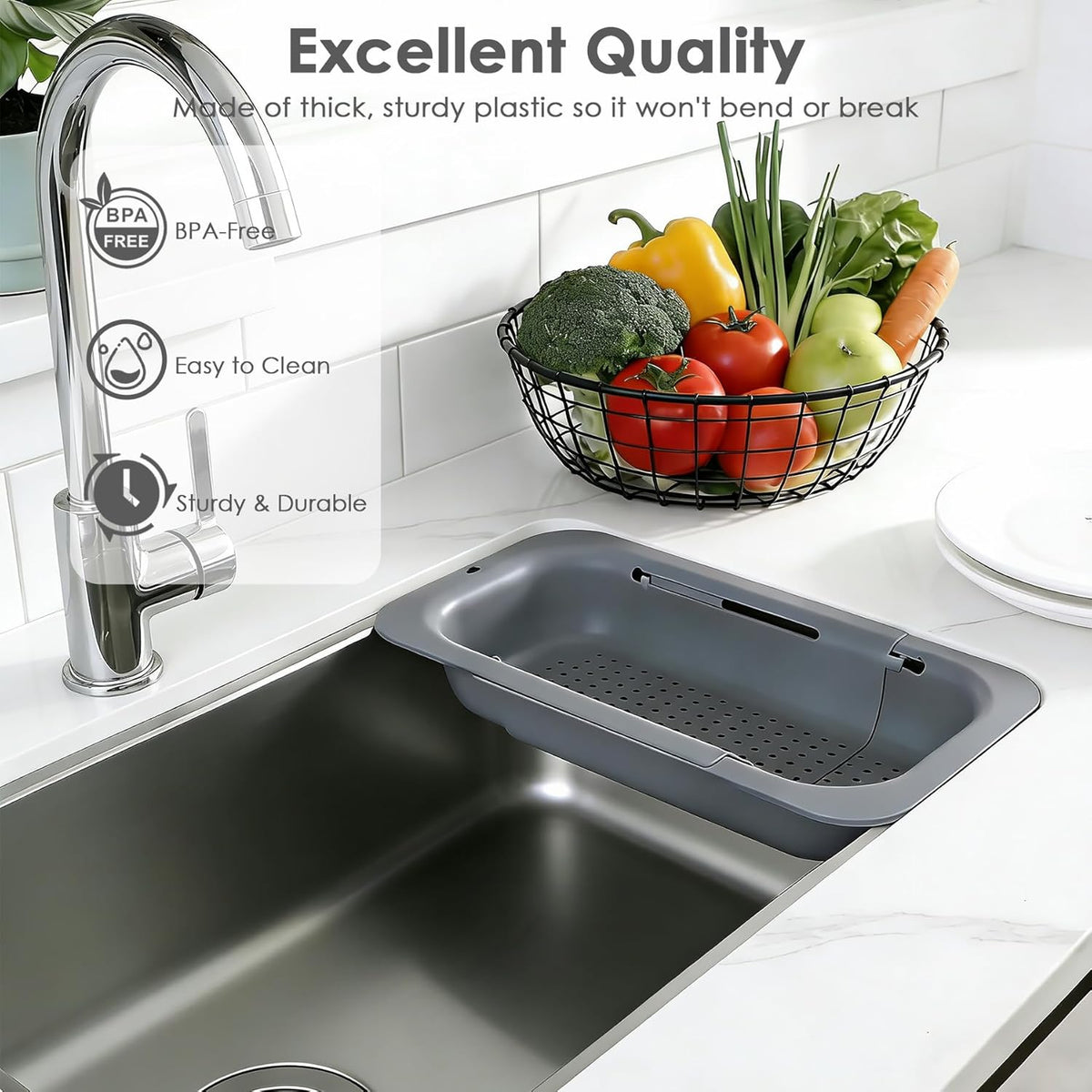 Over the Sink Colander Strainer Basket, Extendable Colander and Strainer for Kitchen, Wash Vegetables and Fruits, Drain Pasta and Dry Dishes, Adjustable Colander from 13.5In to 18.7In, White