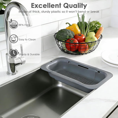 Over the Sink Colander Strainer Basket, Extendable Colander and Strainer for Kitchen, Wash Vegetables and Fruits, Drain Pasta and Dry Dishes, Adjustable Colander from 13.5In to 18.7In, White