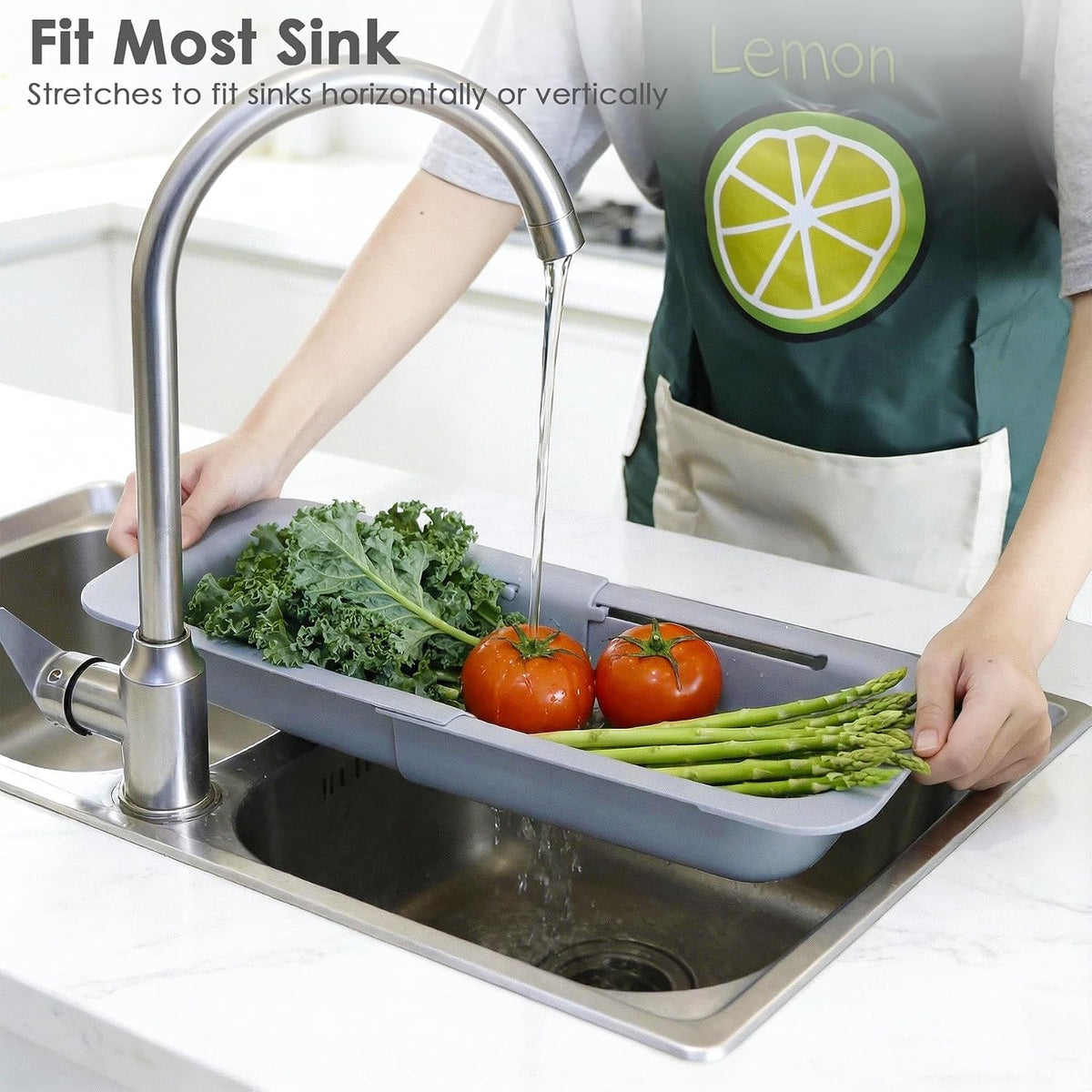 Over the Sink Colander Strainer Basket, Extendable Colander and Strainer for Kitchen, Wash Vegetables and Fruits, Drain Pasta and Dry Dishes, Adjustable Colander from 13.5In to 18.7In, White