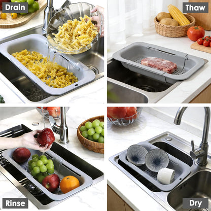 Over the Sink Colander Strainer Basket, Extendable Colander and Strainer for Kitchen, Wash Vegetables and Fruits, Drain Pasta and Dry Dishes, Adjustable Colander from 13.5In to 18.7In, White