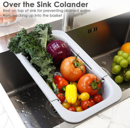 Over the Sink Colander Strainer Basket, Extendable Colander and Strainer for Kitchen, Wash Vegetables and Fruits, Drain Pasta and Dry Dishes, Adjustable Colander from 13.5In to 18.7In, White