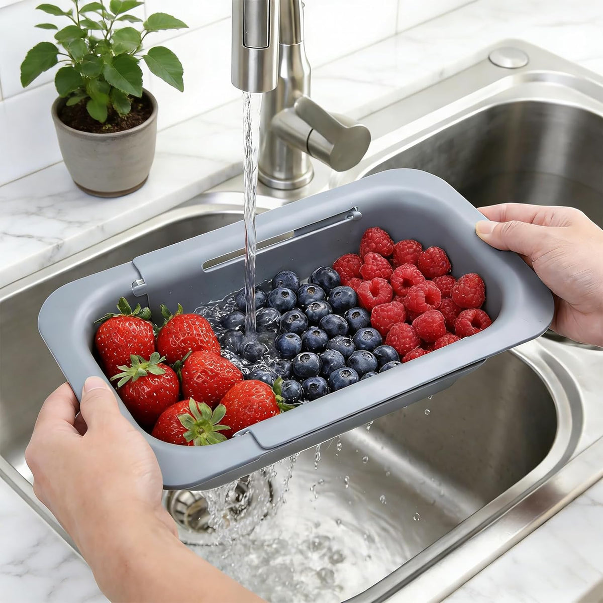 Over the Sink Colander Strainer Basket, Extendable Colander and Strainer for Kitchen, Wash Vegetables and Fruits, Drain Pasta and Dry Dishes, Adjustable Colander from 13.5In to 18.7In, White