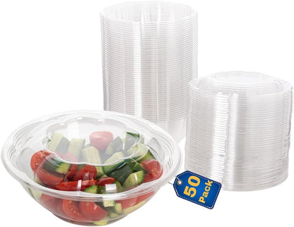 Disposable Plastic Salad Bowls with Airtight Lids Ideal for Meal Prep, Takeout, Catering, Parties, Picnics, and Food Storage, Stackable, Leak-Proof