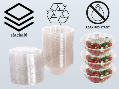 Disposable Plastic Salad Bowls with Airtight Lids Ideal for Meal Prep, Takeout, Catering, Parties, Picnics, and Food Storage, Stackable, Leak-Proof