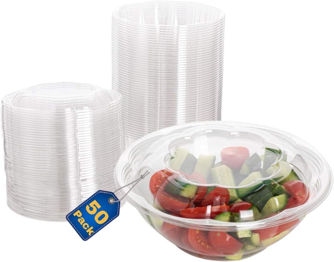 Disposable Plastic Salad Bowls with Airtight Lids Ideal for Meal Prep, Takeout, Catering, Parties, Picnics, and Food Storage, Stackable, Leak-Proof