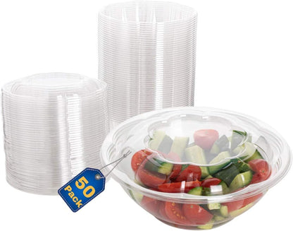Disposable Plastic Salad Bowls with Airtight Lids Ideal for Meal Prep, Takeout, Catering, Parties, Picnics, and Food Storage, Stackable, Leak-Proof