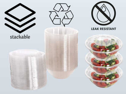 Disposable Plastic Salad Bowls with Airtight Lids Ideal for Meal Prep, Takeout, Catering, Parties, Picnics, and Food Storage, Stackable, Leak-Proof