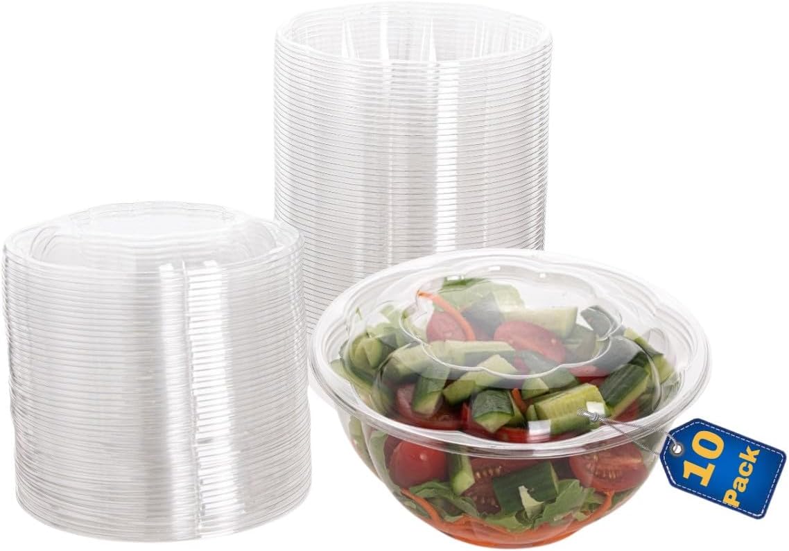 Disposable Plastic Salad Bowls with Airtight Lids Ideal for Meal Prep, Takeout, Catering, Parties, Picnics, and Food Storage, Stackable, Leak-Proof