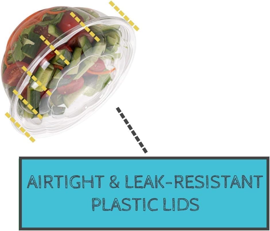 Disposable Plastic Salad Bowls with Airtight Lids Ideal for Meal Prep, Takeout, Catering, Parties, Picnics, and Food Storage, Stackable, Leak-Proof