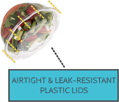 Disposable Plastic Salad Bowls with Airtight Lids Ideal for Meal Prep, Takeout, Catering, Parties, Picnics, and Food Storage, Stackable, Leak-Proof