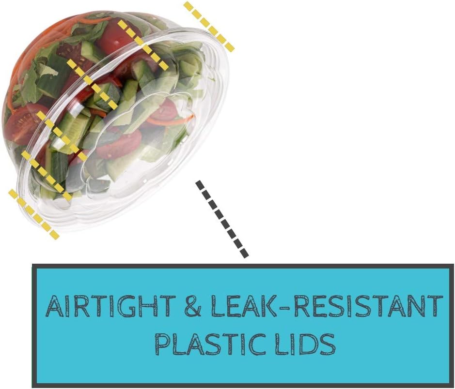 Disposable Plastic Salad Bowls with Airtight Lids Ideal for Meal Prep, Takeout, Catering, Parties, Picnics, and Food Storage, Stackable, Leak-Proof
