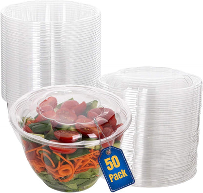 Disposable Plastic Salad Bowls with Airtight Lids Ideal for Meal Prep, Takeout, Catering, Parties, Picnics, and Food Storage, Stackable, Leak-Proof