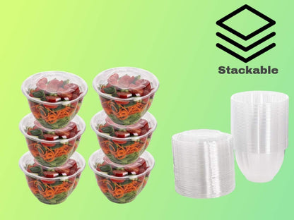 Disposable Plastic Salad Bowls with Airtight Lids Ideal for Meal Prep, Takeout, Catering, Parties, Picnics, and Food Storage, Stackable, Leak-Proof