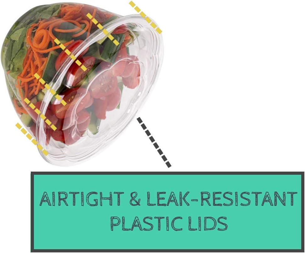 Disposable Plastic Salad Bowls with Airtight Lids Ideal for Meal Prep, Takeout, Catering, Parties, Picnics, and Food Storage, Stackable, Leak-Proof