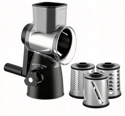 JIUMEXES Rotary Cheese Grater | Hand-Crank Design, 3 Interchangeable Blades, Suction Base, Stainless Steel