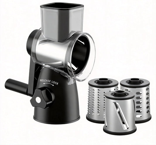 JIUMEXES Rotary Cheese Grater | Hand-Crank Design, 3 Interchangeable Blades, Suction Base, Stainless Steel