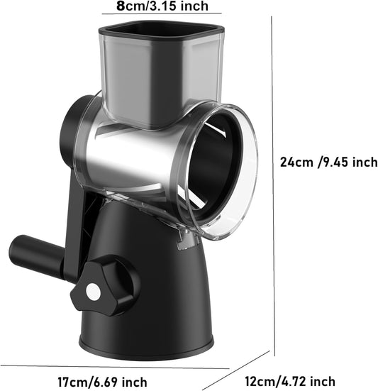 JIUMEXES Rotary Cheese Grater | Hand-Crank Design, 3 Interchangeable Blades, Suction Base, Stainless Steel