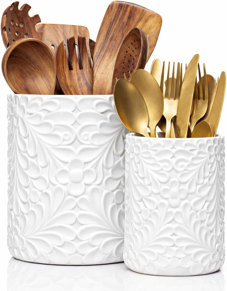 Large 7.3"+5.4" Engraved Ceramic Utensil Holder for Countertop, Cooking Utensils Organizer for Spatula, Large Utensils Crock for Kitchen Counter, Kitchen Decor, set of 2, White