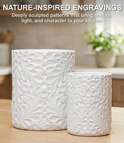 Large 7.3"+5.4" Engraved Ceramic Utensil Holder for Countertop, Cooking Utensils Organizer for Spatula, Large Utensils Crock for Kitchen Counter, Kitchen Decor, set of 2, White