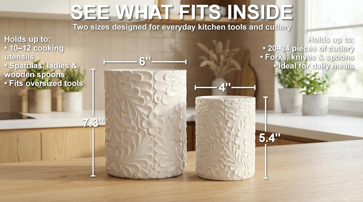 Large 7.3"+5.4" Engraved Ceramic Utensil Holder for Countertop, Cooking Utensils Organizer for Spatula, Large Utensils Crock for Kitchen Counter, Kitchen Decor, set of 2, White