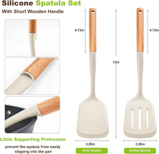 Pack of 2 Silicone Spatula Set with Elegant Wooden Handle, Heat Resistant Solid & Slotted Turner for Non Stick Pans, Great Kitchen Spatulas, Cooking Utensils for Sautéing, Frying and Flipping