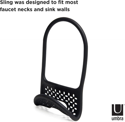 Sling Sponge Holder for Kitchen Sink – No Suction Cups, Flexible Caddy for Sinks and Faucets, Modern Design, Black