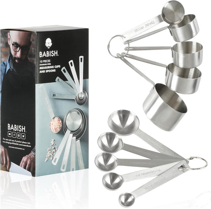 10-Piece Stainless Steel Measuring Cups and Spoons Set – Heavy-Duty, Rust-Resistant Baking and Cooking Measurement Tools