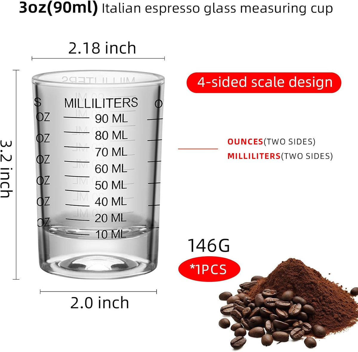 2Pcs Shot Glass Measuring Cup 3 Ounce/90ML Liquid Heavy High Espresso Glass Cup Black Line Espresso Shot Glasses with Measurement (2)