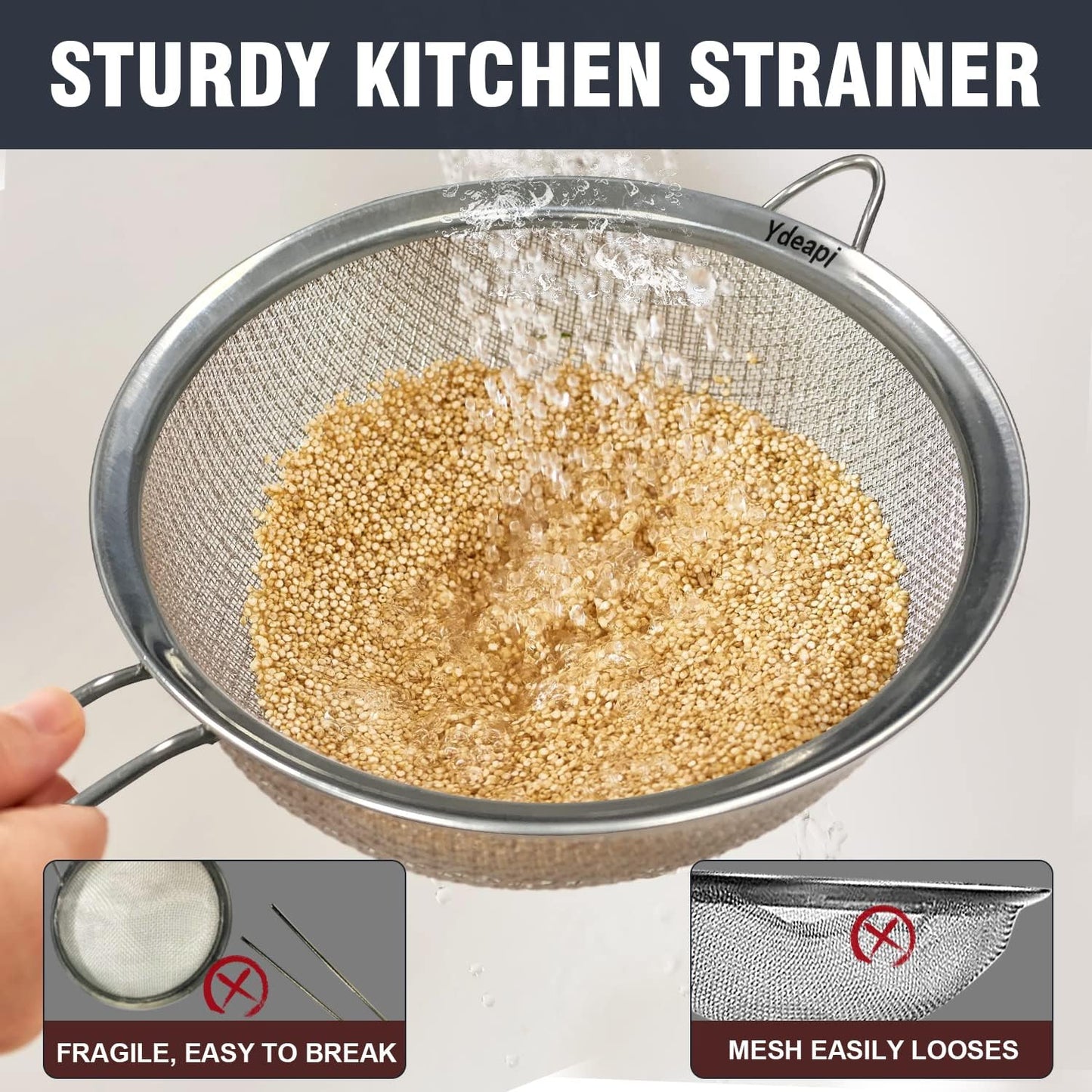 Fine Mesh Strainer, Stainless Steel Strainers with Sturdy Handle, Set of 3 Metal Sieve for Kitchen Food, Rice, Quinoa, Tea - 7", 4.6", 2.7"