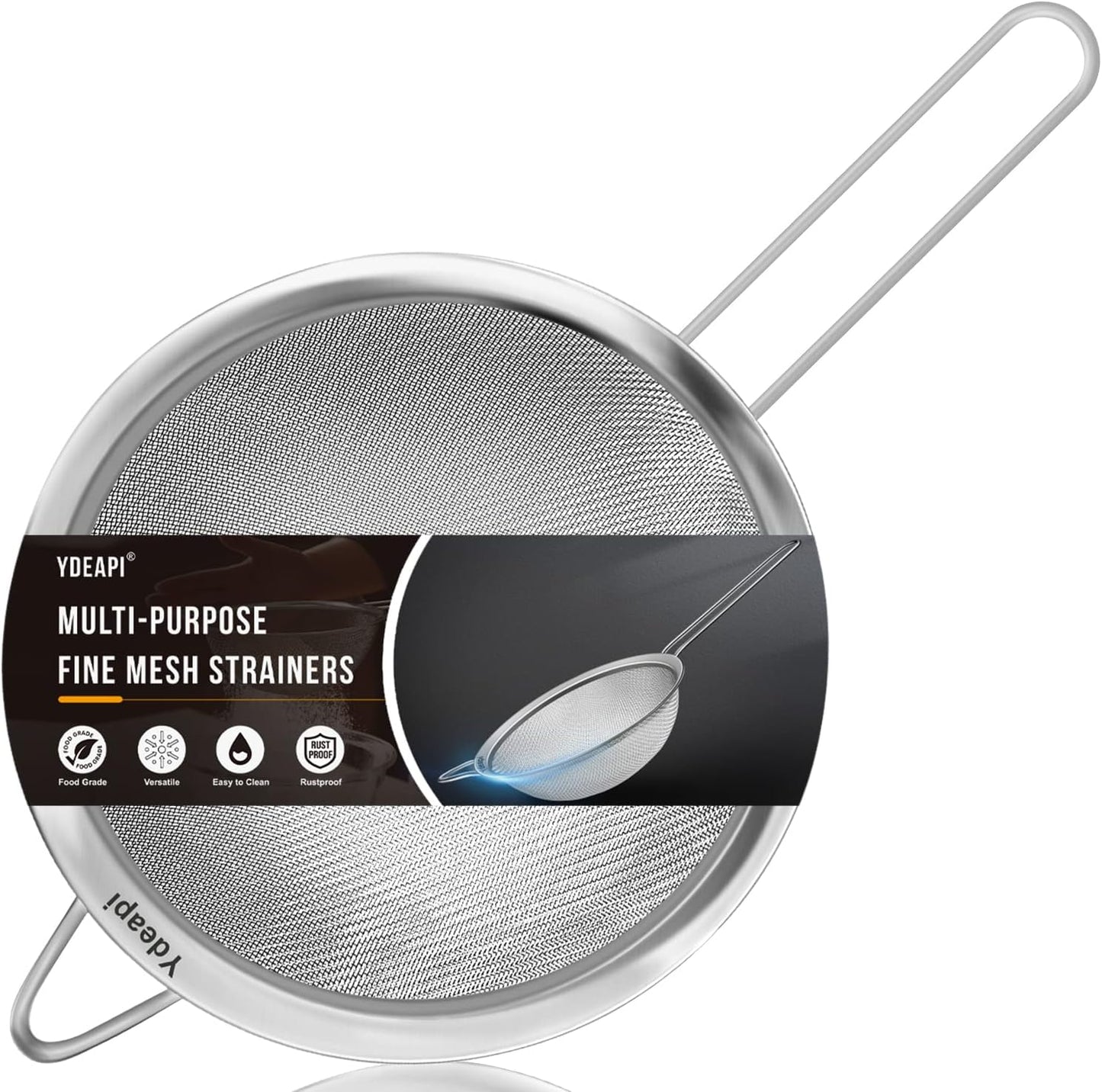 Fine Mesh Strainer, Stainless Steel Strainers with Sturdy Handle, Set of 3 Metal Sieve for Kitchen Food, Rice, Quinoa, Tea - 7", 4.6", 2.7"