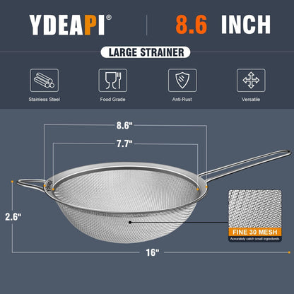 Fine Mesh Strainer, Stainless Steel Strainers with Sturdy Handle, Set of 3 Metal Sieve for Kitchen Food, Rice, Quinoa, Tea - 7", 4.6", 2.7"