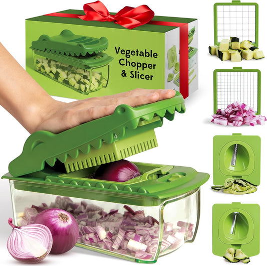 X OTOTO Croc Chop - Vegetable Chopper & Spiralizer | 4 in 1 Veggie Chopper & Spiralizer - Stainless Steel Blades & 5-Cup Container - Cool Kitchen Gadget Crocodile Design