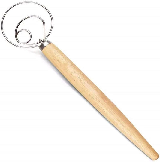 Danish Dough Whisk Bread Making Tools Stainless Steel Danish Dough Hook Bread Dough Mixer Hand Bread Dough Whisk for Pastry, Baking Cake, Dessert, Sourdough, Pizza, with Wooden Handle, 13 inch