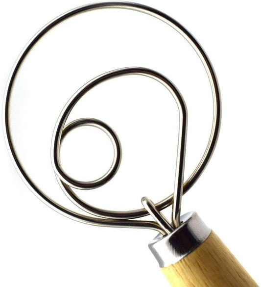 Danish Dough Whisk Bread Making Tools Stainless Steel Danish Dough Hook Bread Dough Mixer Hand Bread Dough Whisk for Pastry, Baking Cake, Dessert, Sourdough, Pizza, with Wooden Handle, 13 inch