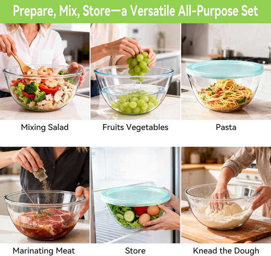 4 Pack Glass Mixing Bowls with Lids Set (3QT/1.7/0.9/0.6QT),Thick Glass Large Salad Bowl Set, Nesting Kitchen Bowls for Serving, Prepping, Cooking and Baking, Dishwasher, Oven,Microwave Safe