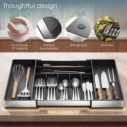 Silverware Drawer Organizer, 9 Slots Expandable Kitchen Drawer Organizer | Extra Large Utensil Holder & Cutlery Tray, Heavy Duty Stainless Steel Frame Flatware Organizer, Non-Slip Feet Included, Black