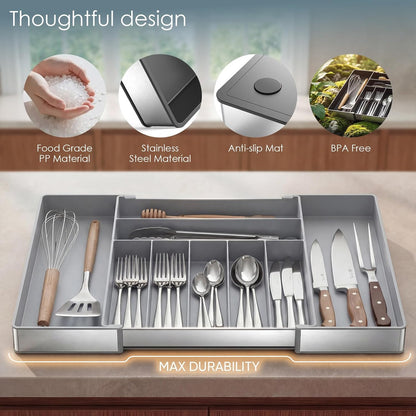 Silverware Drawer Organizer, 9 Slots Expandable Kitchen Drawer Organizer | Extra Large Utensil Holder & Cutlery Tray, Heavy Duty Stainless Steel Frame Flatware Organizer, Non-Slip Feet Included, Black