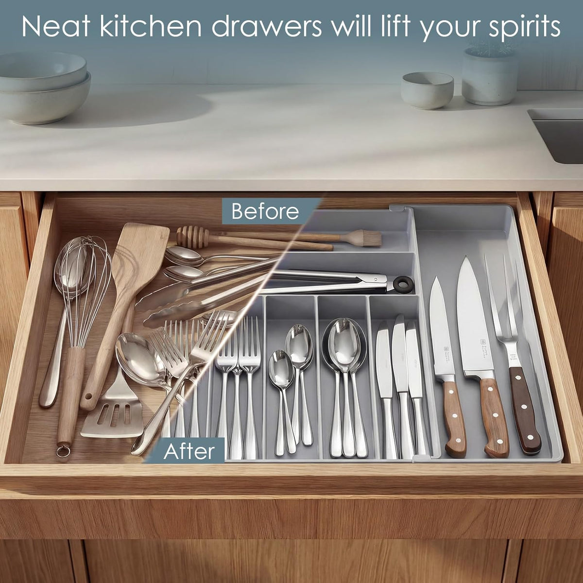 Silverware Drawer Organizer, 9 Slots Expandable Kitchen Drawer Organizer | Extra Large Utensil Holder & Cutlery Tray, Heavy Duty Stainless Steel Frame Flatware Organizer, Non-Slip Feet Included, Black
