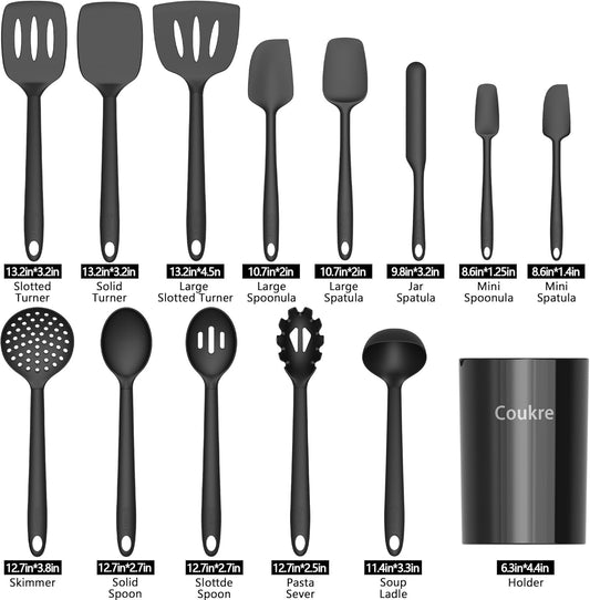 Silicone Kitchen Cooking Utensils Set with Holder – Heat-Resistant, Food-Grade Kitchen Tools, Spatula, Spoon & Gadgets for Non-Stick Pans, Dishwasher Safe (14, PureBlack)