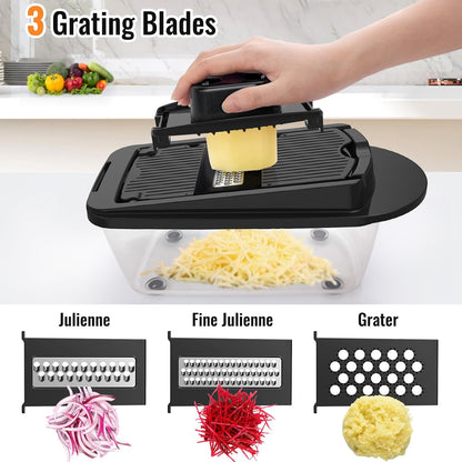 12 Blade All-in-1 Vegetable Chopper Mandoline Slicer with Container, Spiralizer with Containers, Food Chopper, Onion Chopper, Veggie Cutter for Salad, Kitchen Gadgets Accessories Essentials, Black