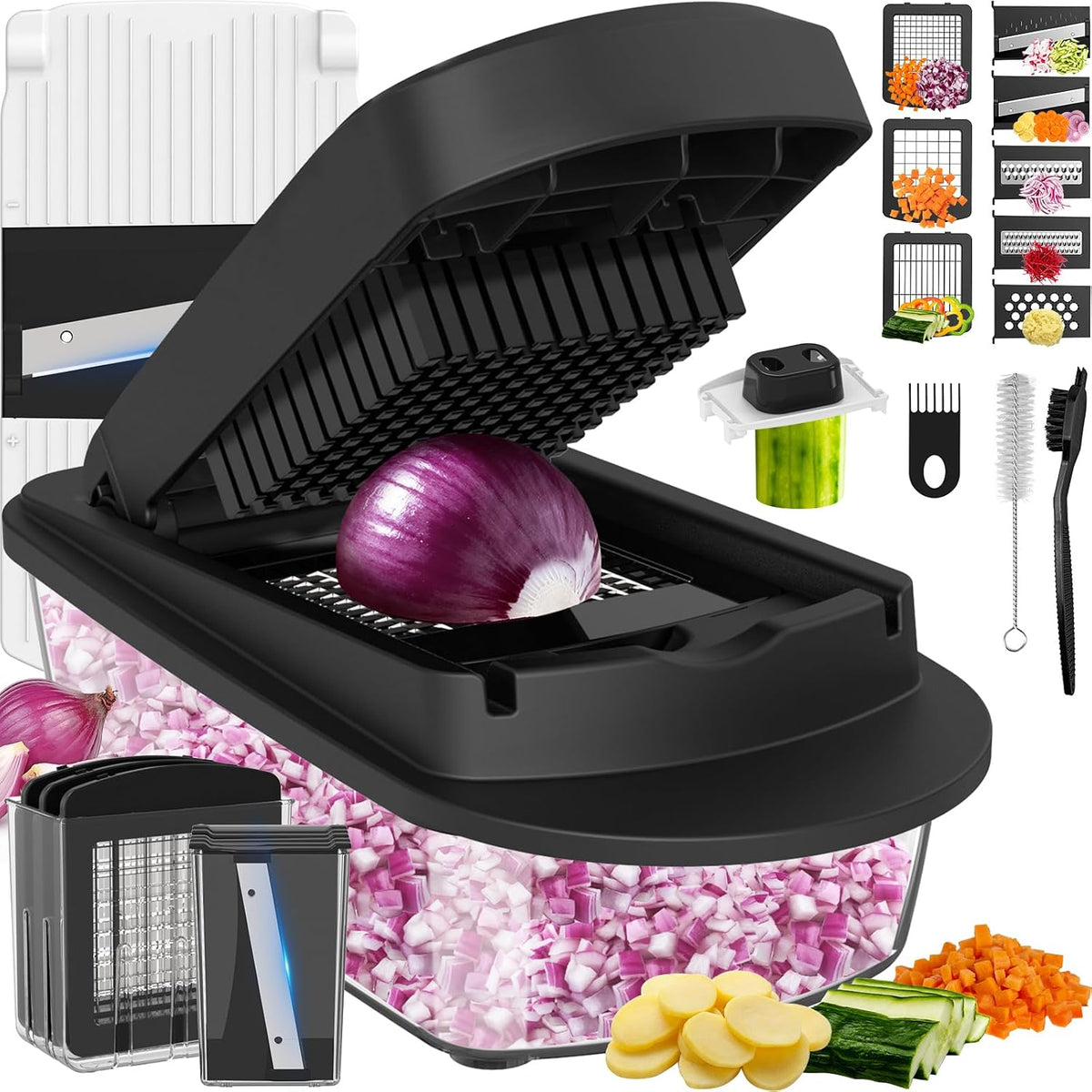 12 Blade All-in-1 Vegetable Chopper Mandoline Slicer with Container, Spiralizer with Containers, Food Chopper, Onion Chopper, Veggie Cutter for Salad, Kitchen Gadgets Accessories Essentials, Black