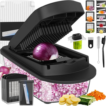 12 Blade All-in-1 Vegetable Chopper Mandoline Slicer with Container, Spiralizer with Containers, Food Chopper, Onion Chopper, Veggie Cutter for Salad, Kitchen Gadgets Accessories Essentials, Black