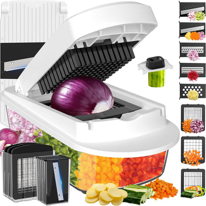 12 Blade All-in-1 Vegetable Chopper Mandoline Slicer with Container, Spiralizer with Containers, Food Chopper, Onion Chopper, Veggie Cutter for Salad, Kitchen Gadgets Accessories Essentials, Black