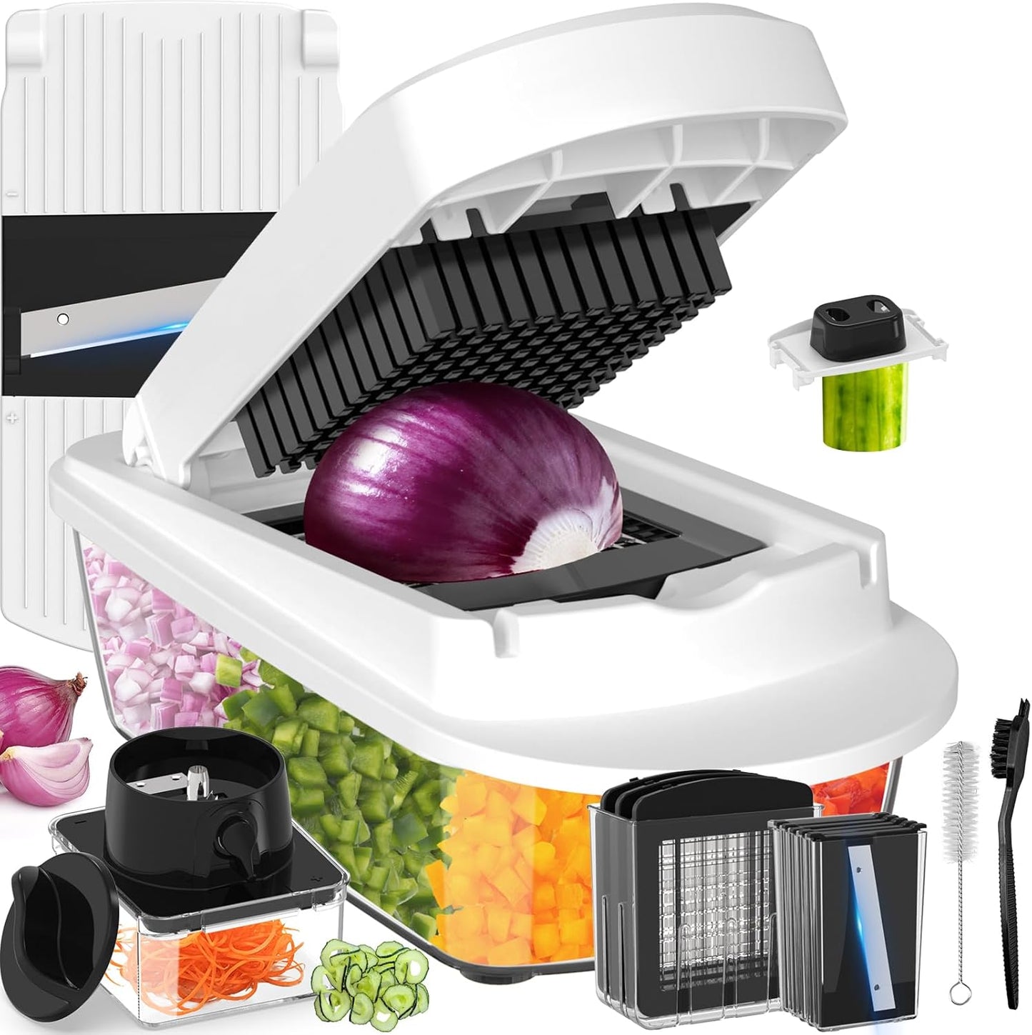 12 Blade All-in-1 Vegetable Chopper Mandoline Slicer with Container, Spiralizer with Containers, Food Chopper, Onion Chopper, Veggie Cutter for Salad, Kitchen Gadgets Accessories Essentials, Black