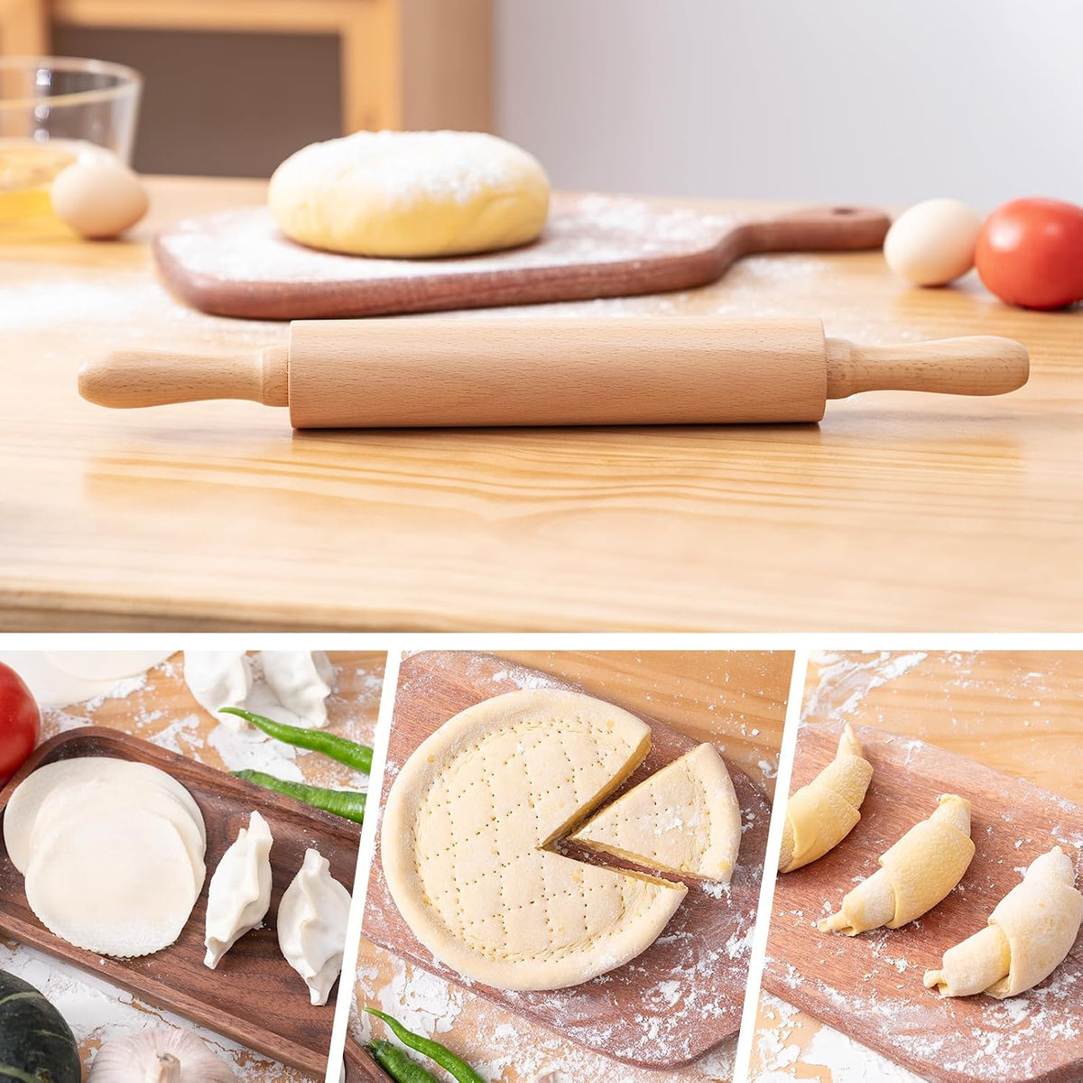 French Rolling Pin for Baking,17.7 Inches Wooden Dough Roller, Brown