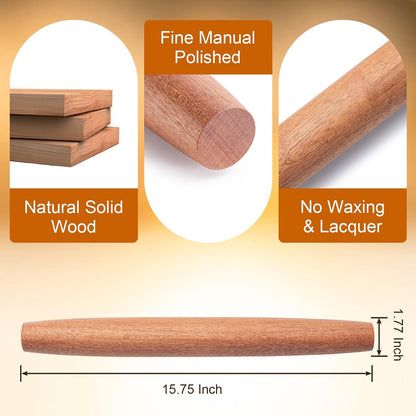 French Rolling Pin for Baking,17.7 Inches Wooden Dough Roller, Brown