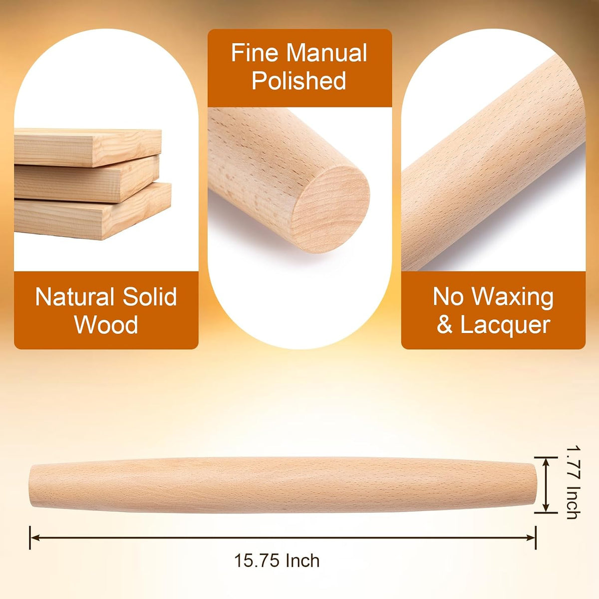 French Rolling Pin for Baking,17.7 Inches Wooden Dough Roller, Brown