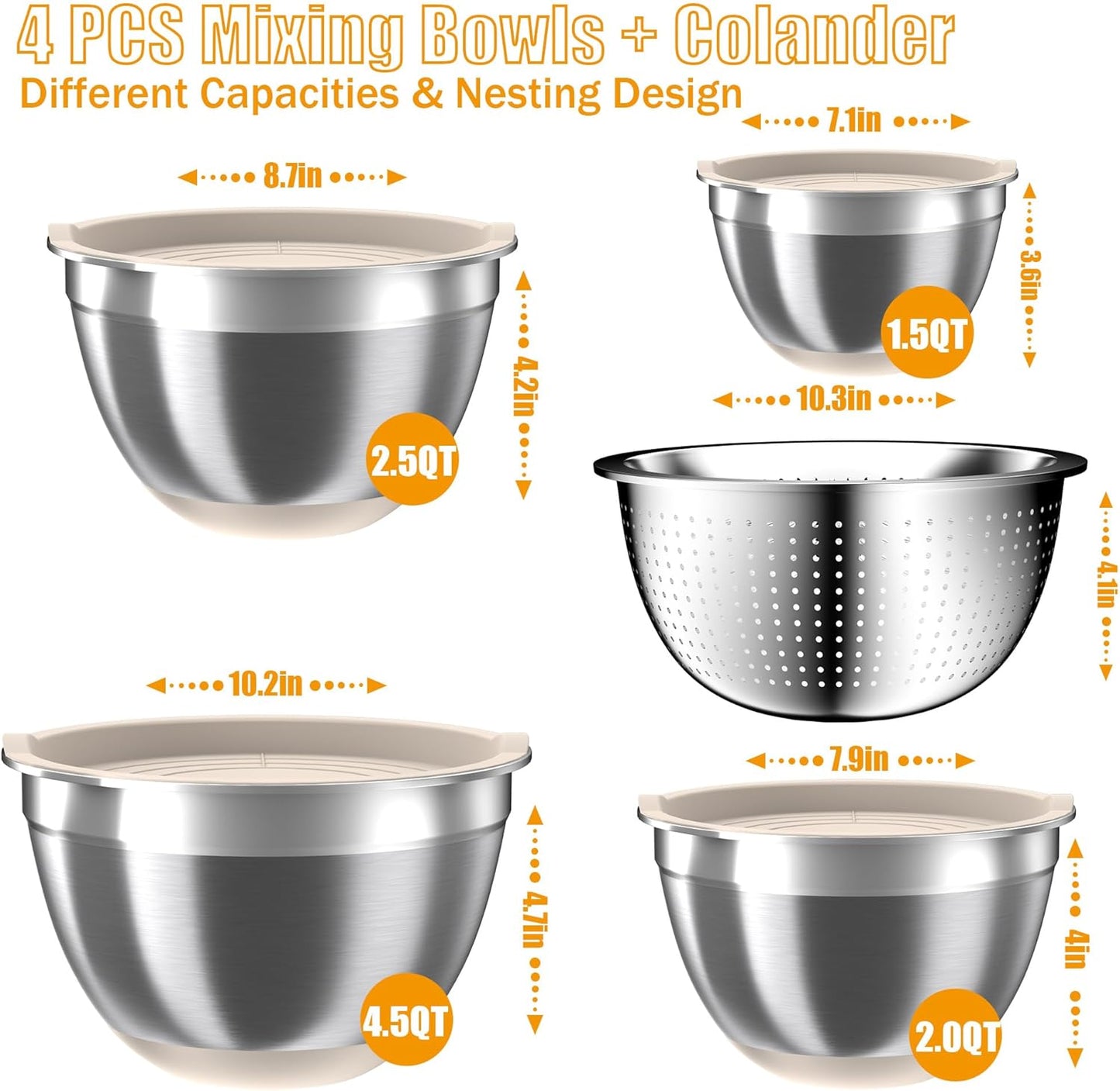 Nicdiet Mixing Bowls with Lids Set, 16PCS Stainless Steel Mixing Bowls,Nesting Storage Bowls for Kitchen with Mixing Bowl, Colander, Strainer & Grater, Metal Salad Bowl for Kitchen Gadgets, Black
