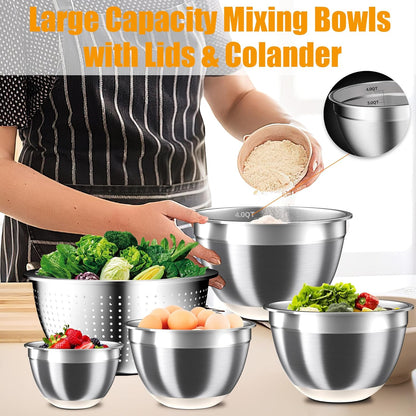 Nicdiet Mixing Bowls with Lids Set, 16PCS Stainless Steel Mixing Bowls,Nesting Storage Bowls for Kitchen with Mixing Bowl, Colander, Strainer & Grater, Metal Salad Bowl for Kitchen Gadgets, Black